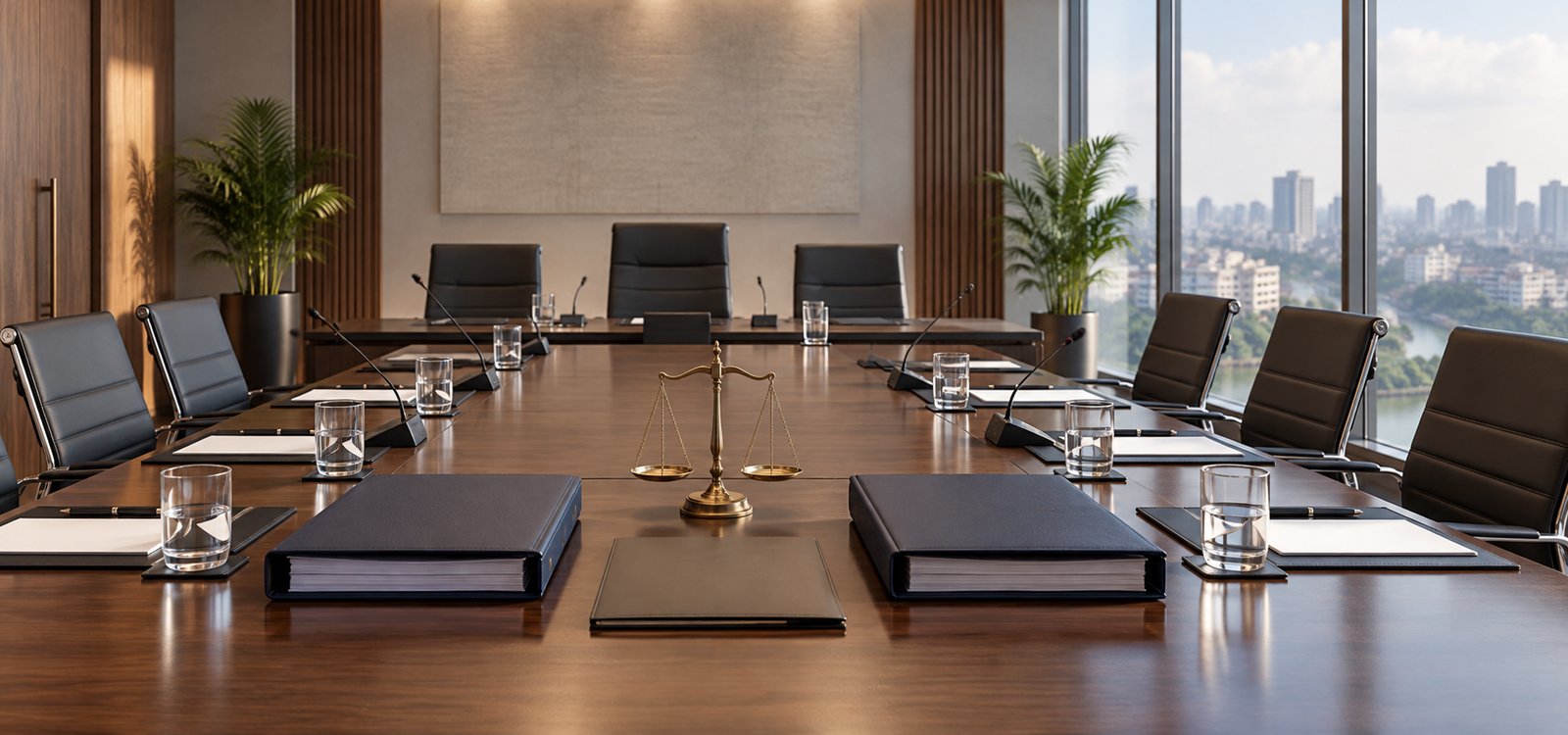 Arbitration hearing table in a conference room
