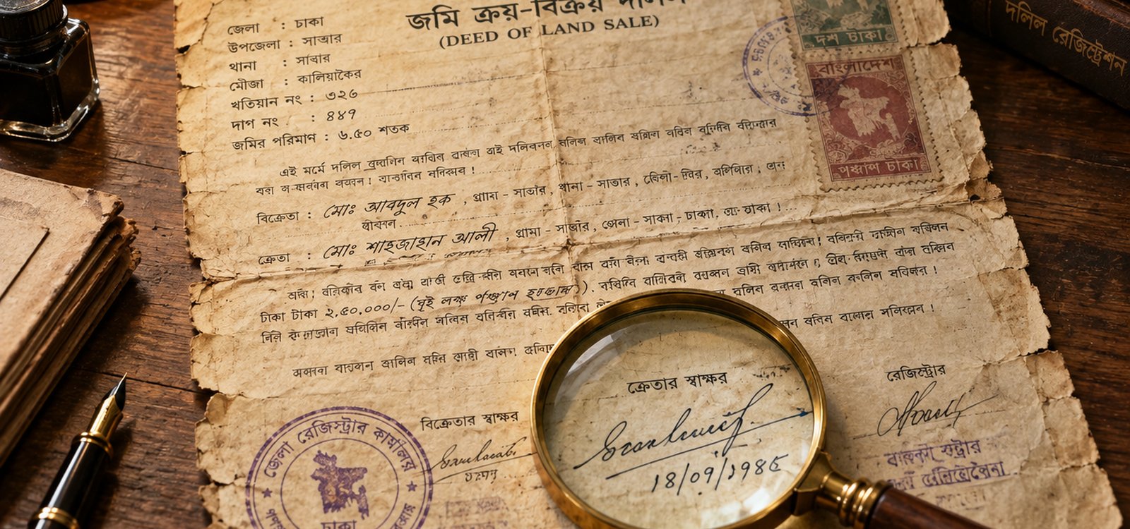 A magnifier over a signature on a document