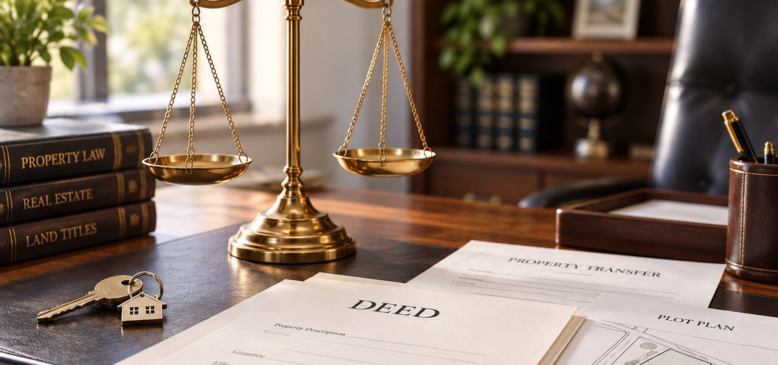 Scales of justice beside land ownership documents