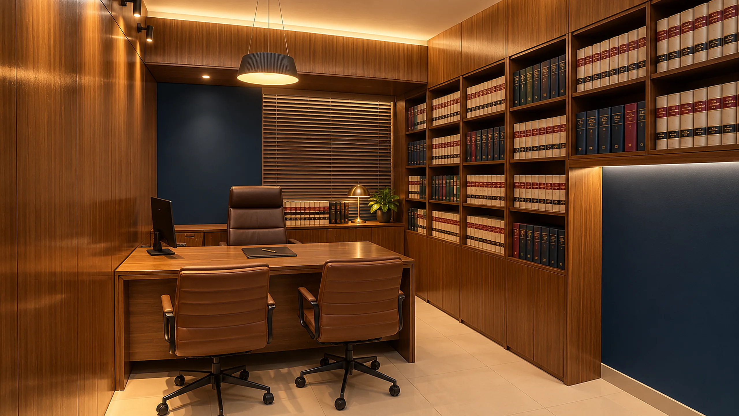 The BD Advocacy chamber in Kakrail, Dhaka: a barrister's desk in front of a wall of law reports