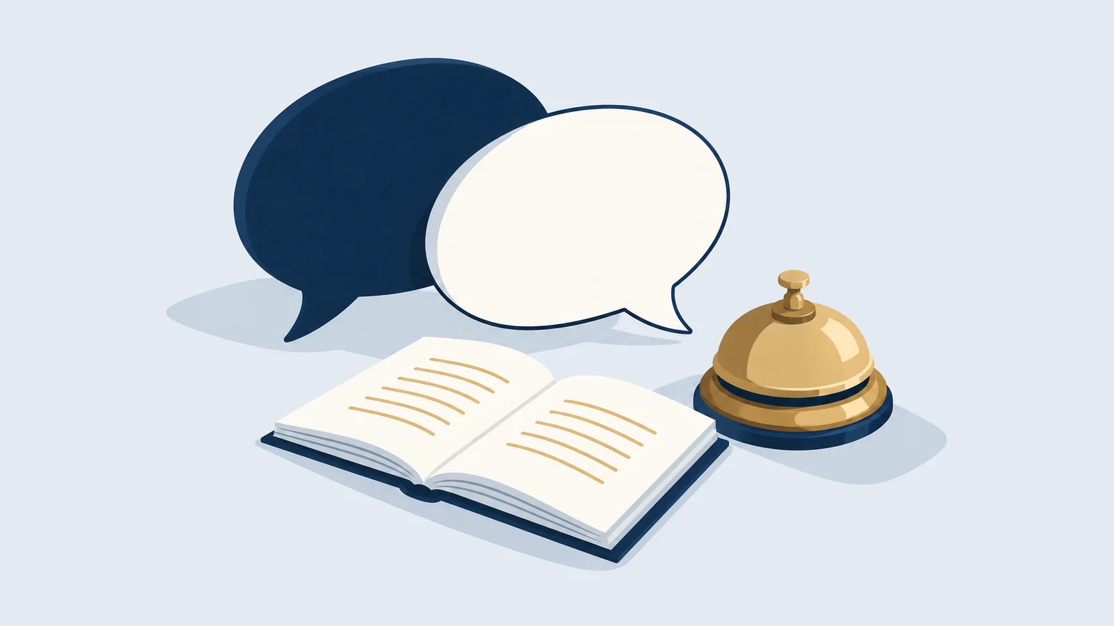 Two speech bubbles, an open book and a bell, for arbitration and mediation in Bangladesh