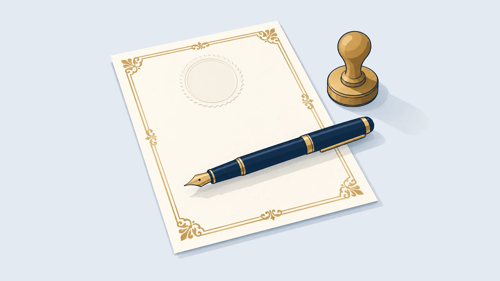 Stamp paper with a gold border, fountain pen and rubber stamp, for agreements on stamp paper in Bangladesh