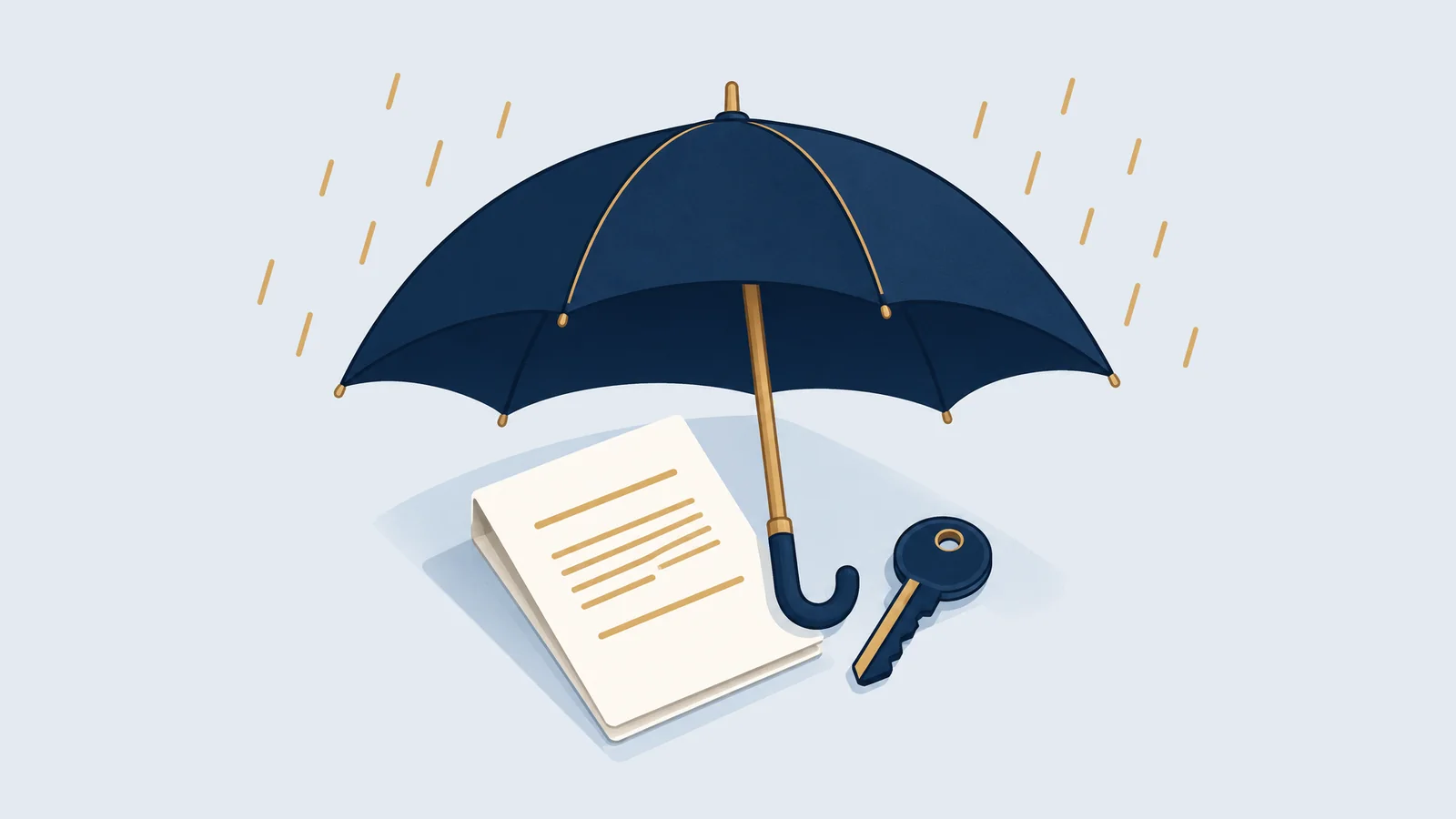 Illustration of an umbrella sheltering a petition and a key, for anticipatory bail in Bangladesh