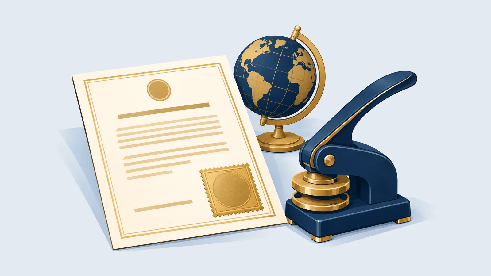 Certificate with a square seal, embossing press and globe, for apostille and document legalisation in Bangladesh