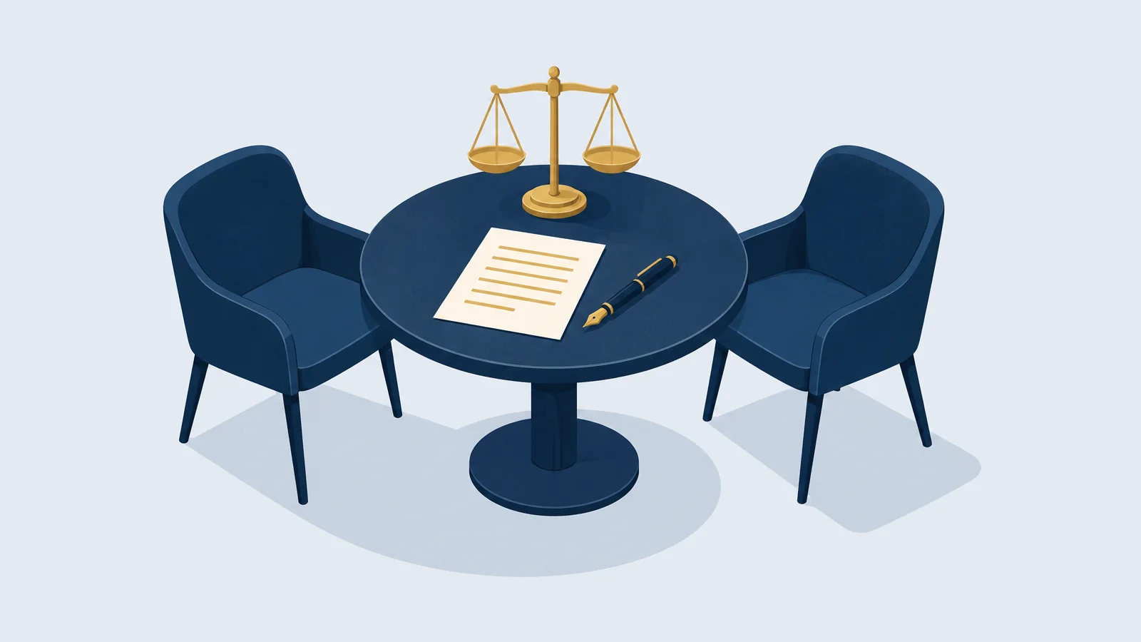 Illustration of a table with two empty chairs and a balance scale, for arbitration and the salishnama in Bangladesh