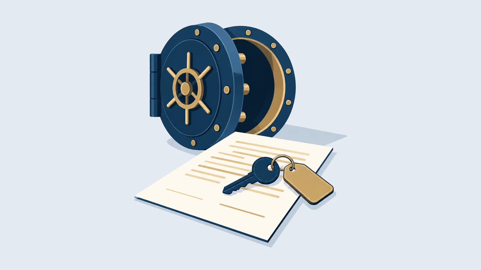 Illustration of a bank vault, loan agreement and house key, for an Artha Rin loan case in Bangladesh