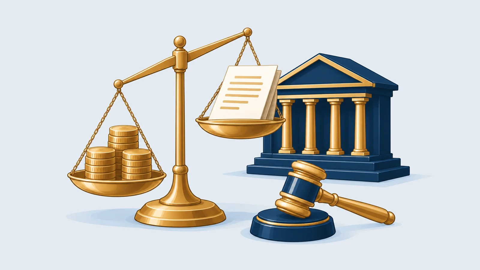 Tilted balance scale with coins and a loan document, a bank building and a gavel, for bankruptcy and loan default in Bangladesh