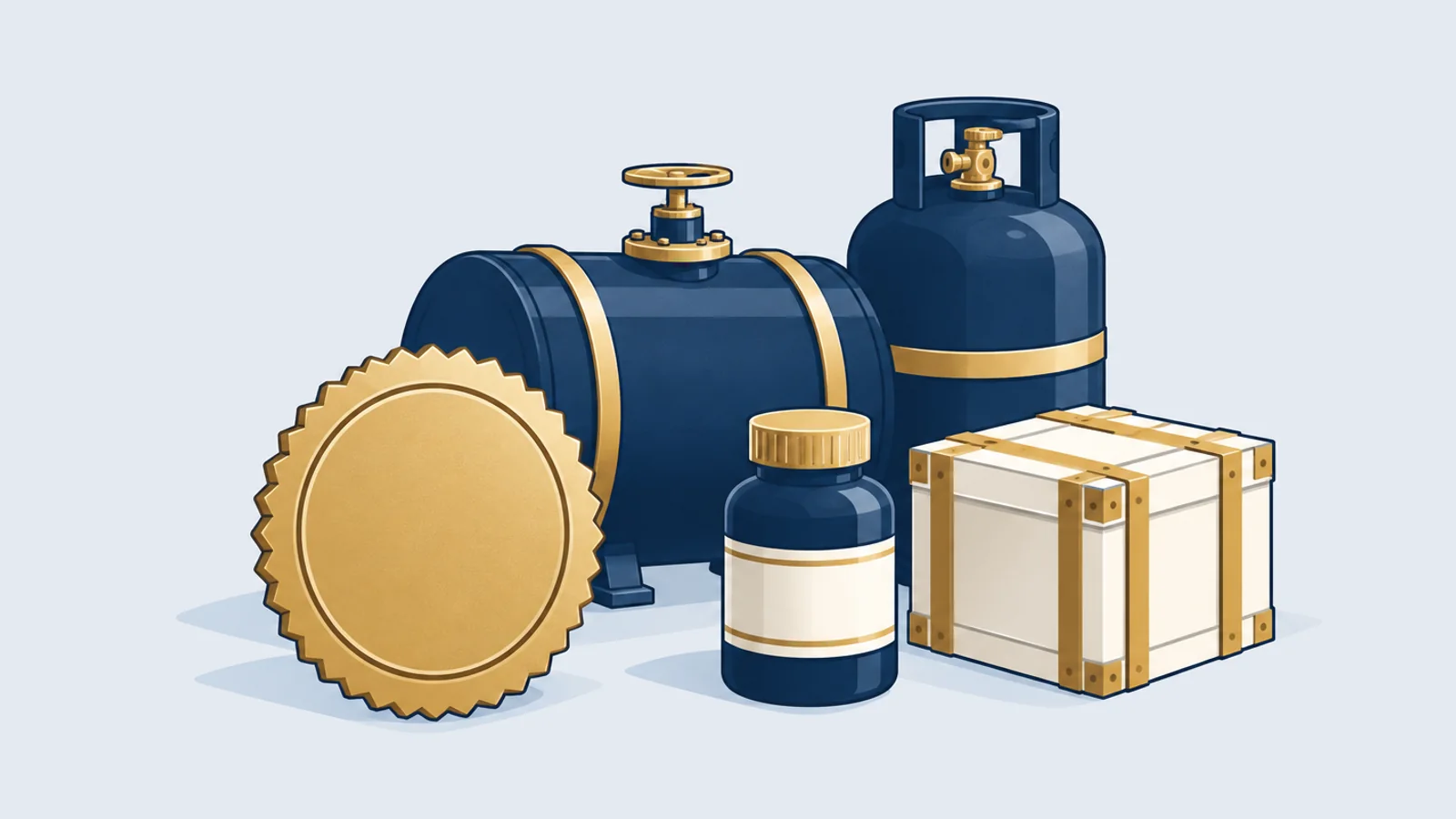 Certification seal with a boiler, medicine bottle, gas cylinder and crate, for BSTI, boiler and product licences in Bangladesh