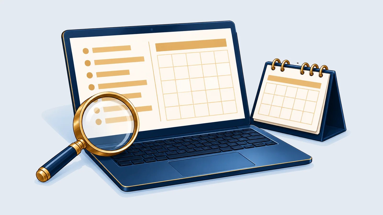 Illustration of a laptop and magnifying glass, for checking case status and cause lists online in Bangladesh