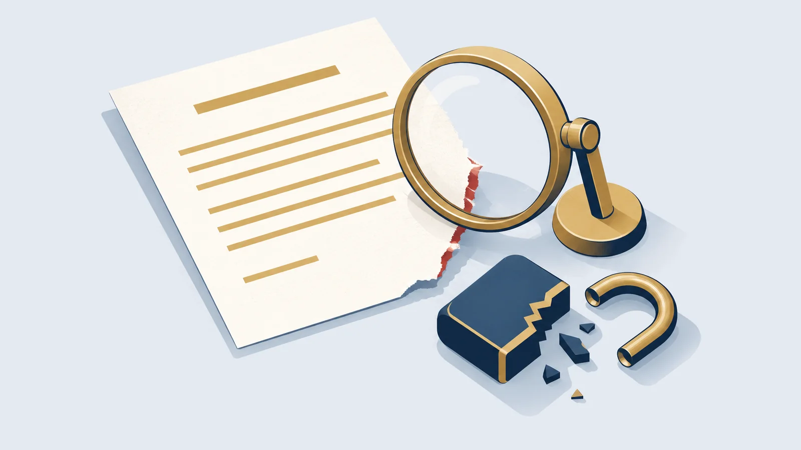 Illustration of a torn contract under a magnifying glass, for a 420 or 406 cheating case in Bangladesh