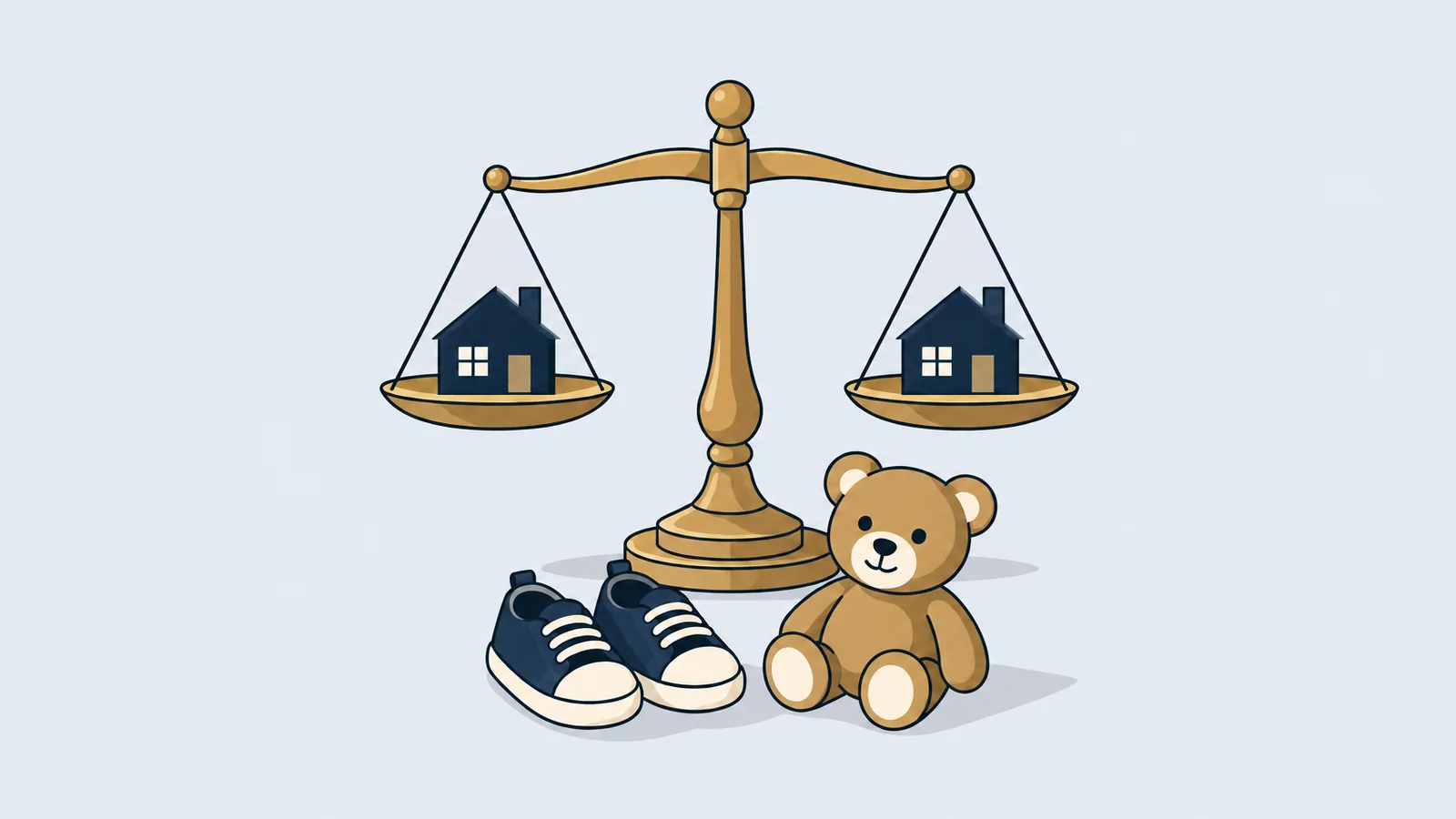 Balance scale with two small houses beside a child's shoes and toy, illustrating child custody after divorce in Bangladesh
