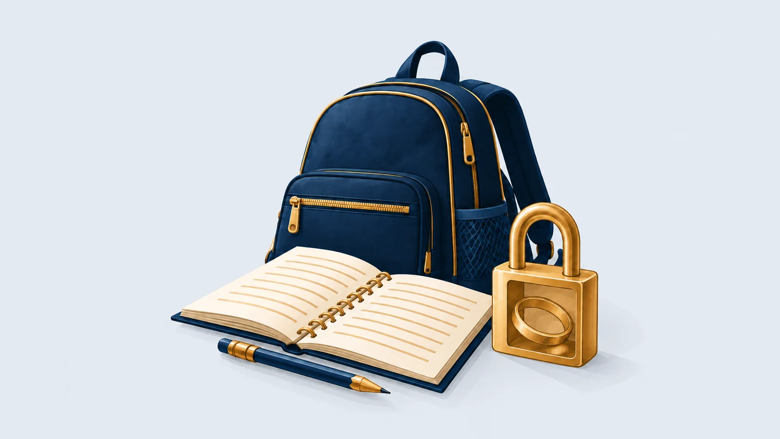 School bag and notebook beside a ring locked in a padlock, illustrating the Child Marriage Restraint Act 2017 in Bangladesh