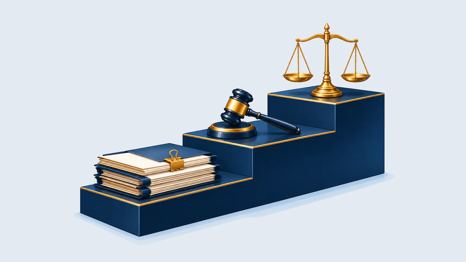 Illustration of steps with case files, a gavel and a scale, for the stages of a civil suit in Bangladesh