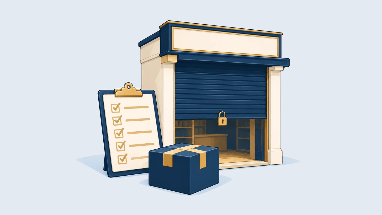 Shop front with a shutter drawn down, a padlock, a ticked clipboard and a box, for closing a business in Bangladesh
