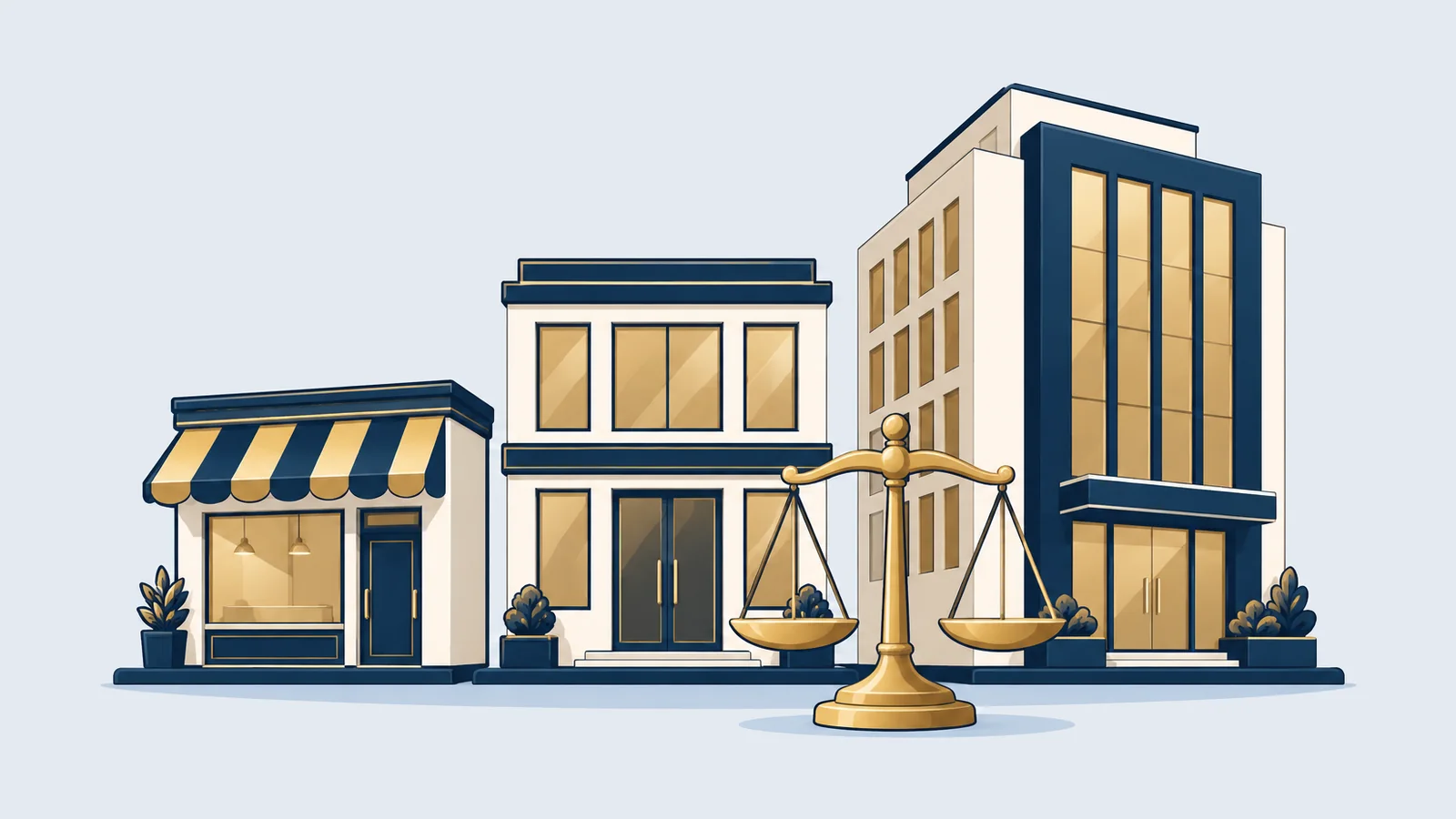 Shop, small office and office block with a balance scale, comparing company, partnership and proprietorship in Bangladesh