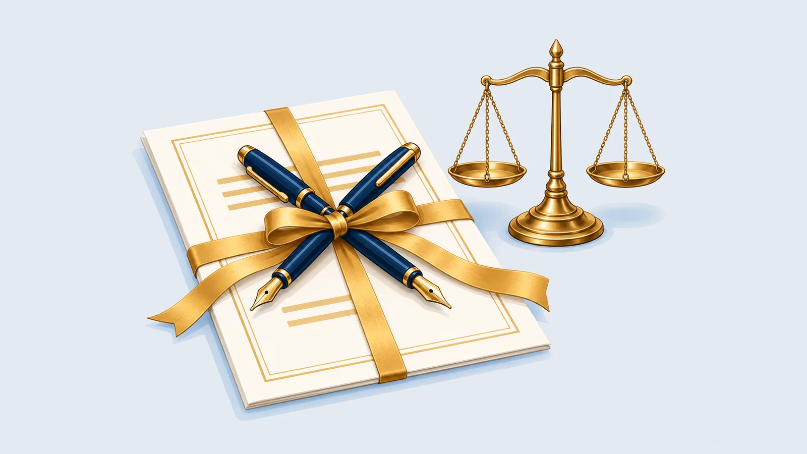 Illustration of an agreement with crossed pens and a level scale, for compromise in a criminal case in Bangladesh