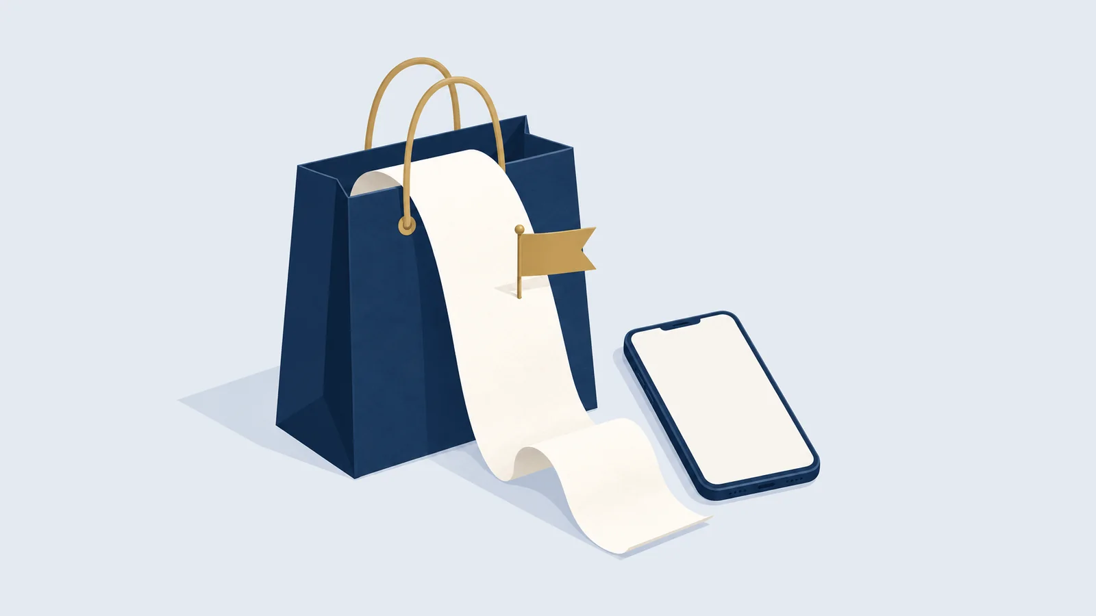 Shopping bag, long receipt and phone, for a consumer rights complaint in Bangladesh