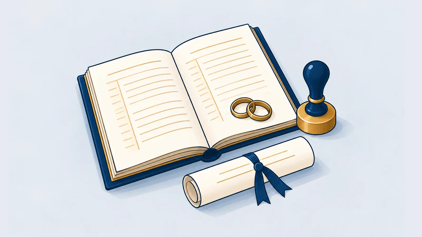 Marriage register with rings, a stamp and an affidavit, illustrating court marriage and Kazi registration in Bangladesh