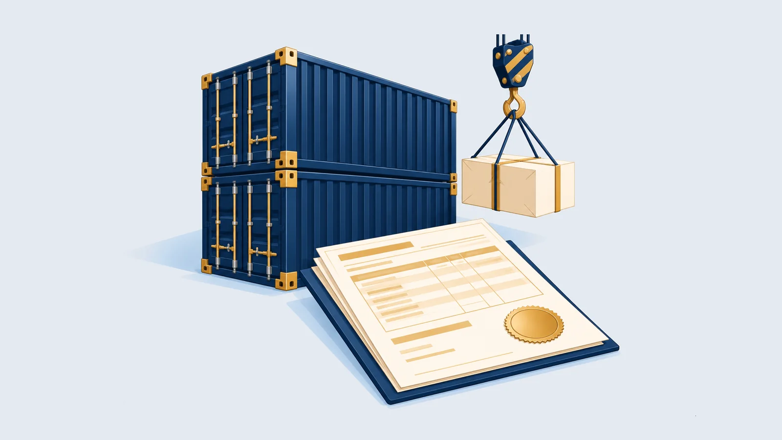 Shipping container and a customs stamp, for customs duty on imports