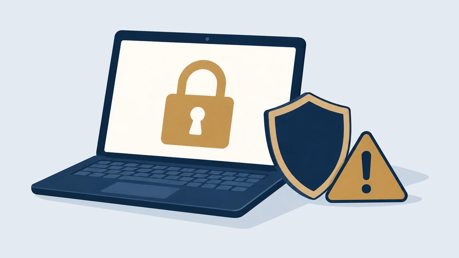 Laptop with a padlock, a shield and a warning sign, for fake ID and cyber harassment complaints in Bangladesh