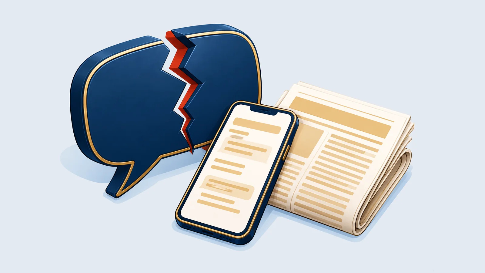 Illustration of a cracked speech bubble and a phone, for a defamation case in Bangladesh