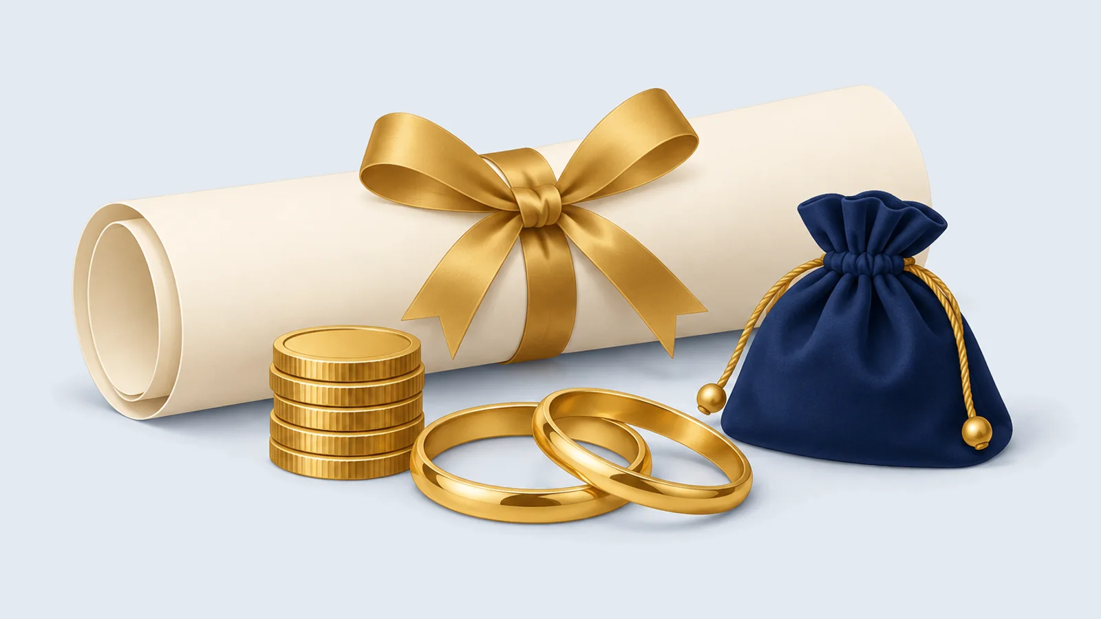 Gold coins beside a marriage contract, explaining denmohor (dower) in English