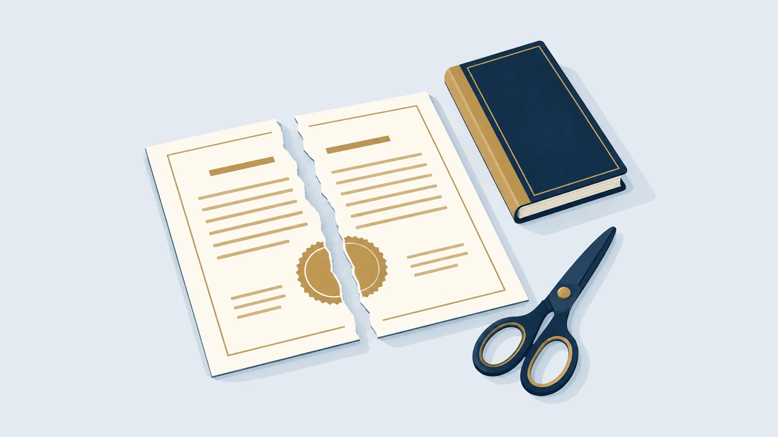 Deed torn into two halves with scissors and a ledger, for dissolving a partnership firm in Bangladesh