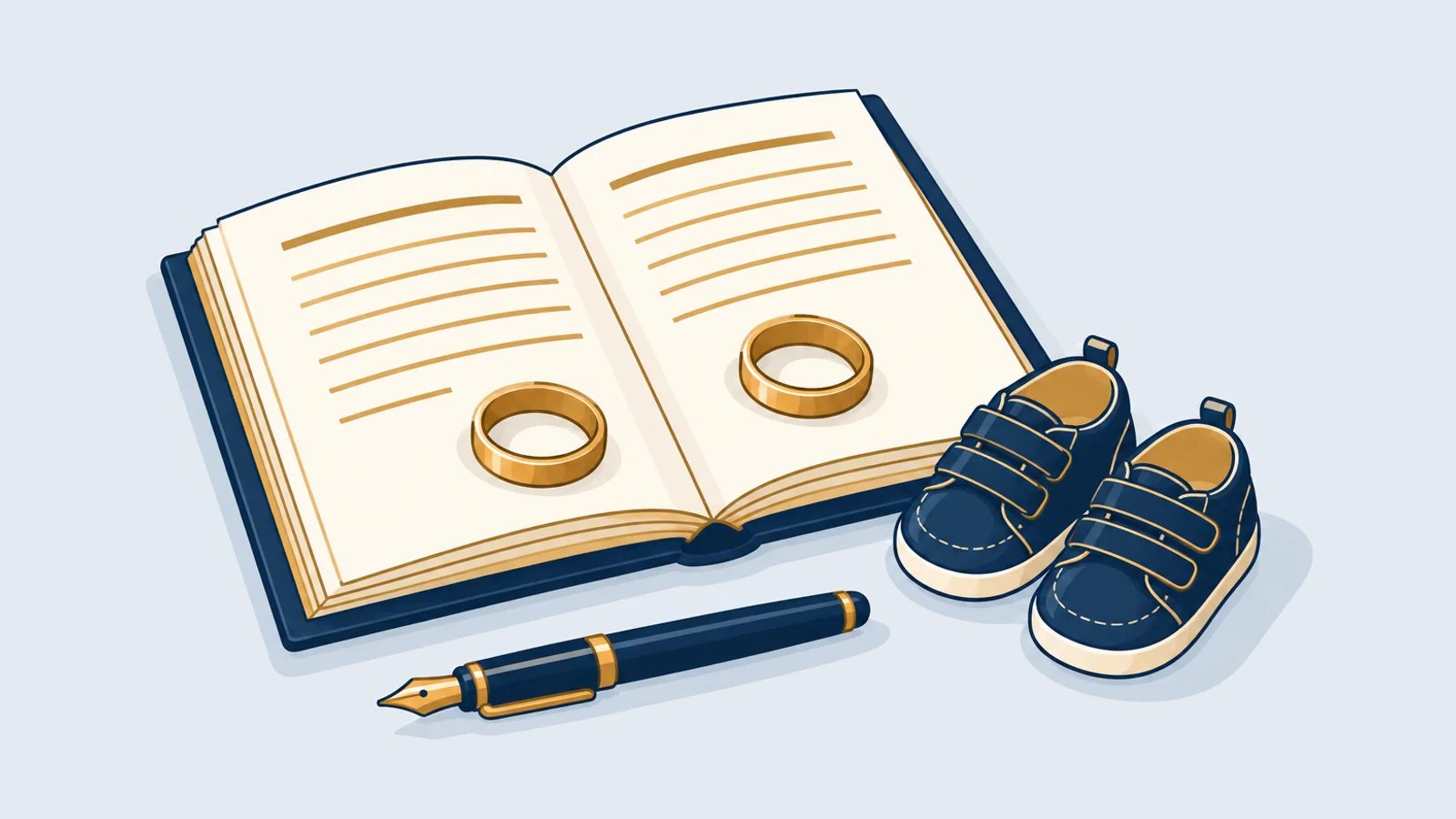 Two rings on a marriage register beside a child's shoes, for divorce, denmohor and custody in Bangladesh