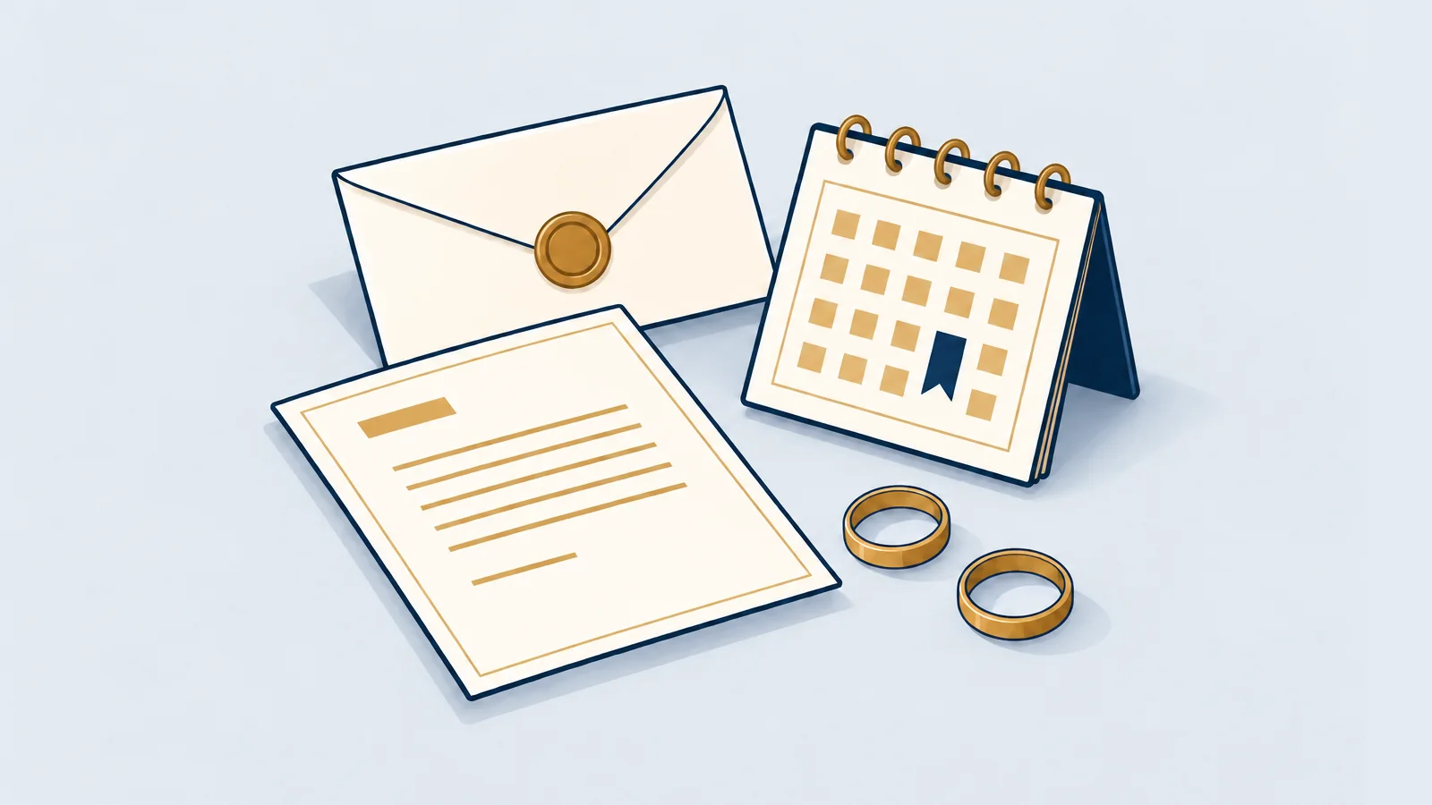 Divorce notice envelope, a calendar marking the waiting period and two separated wedding rings, illustrating the talaq process in Bangladesh