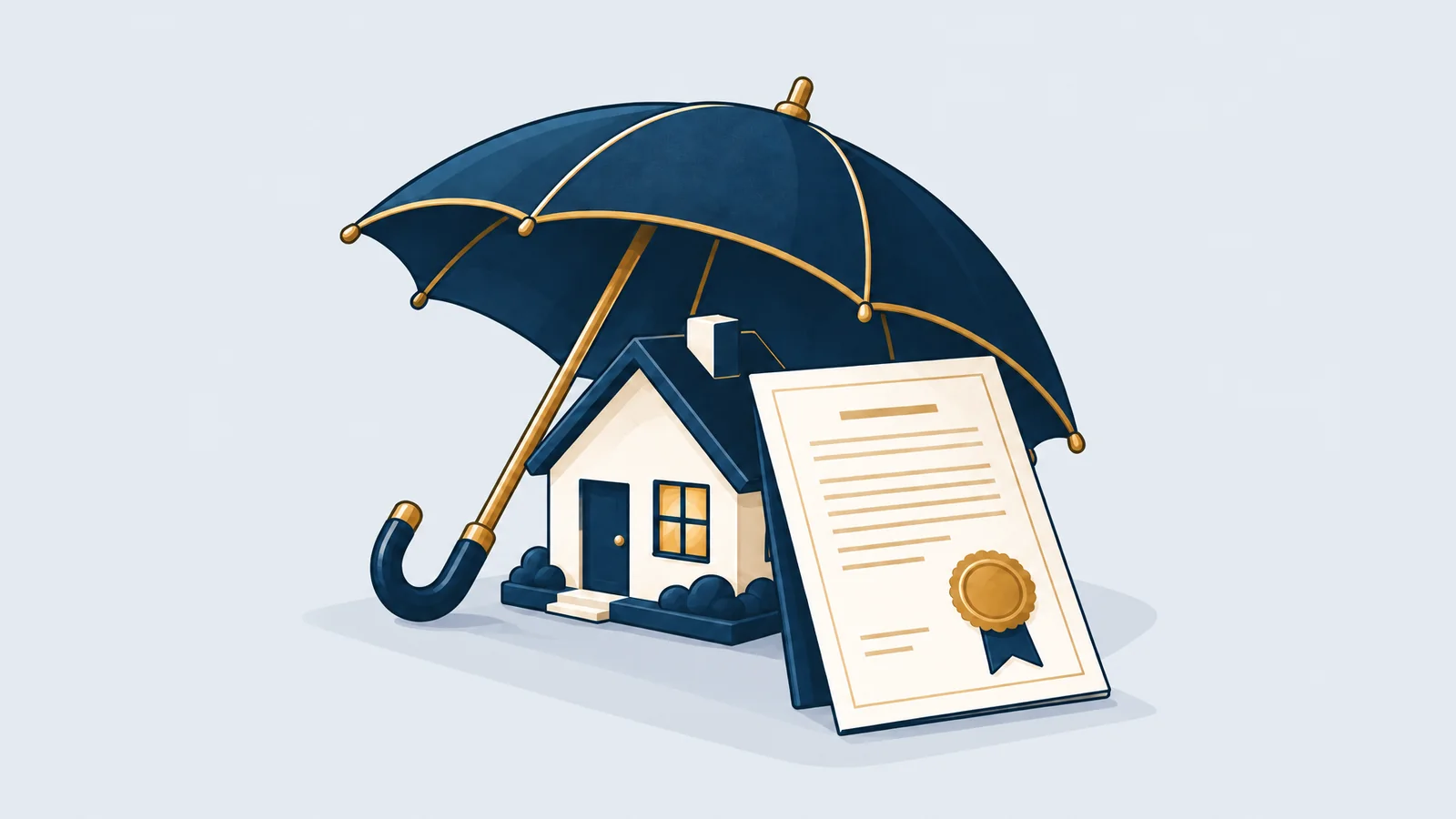 House sheltered under an umbrella with a sealed protection order, illustrating the Domestic Violence Act 2010 in Bangladesh