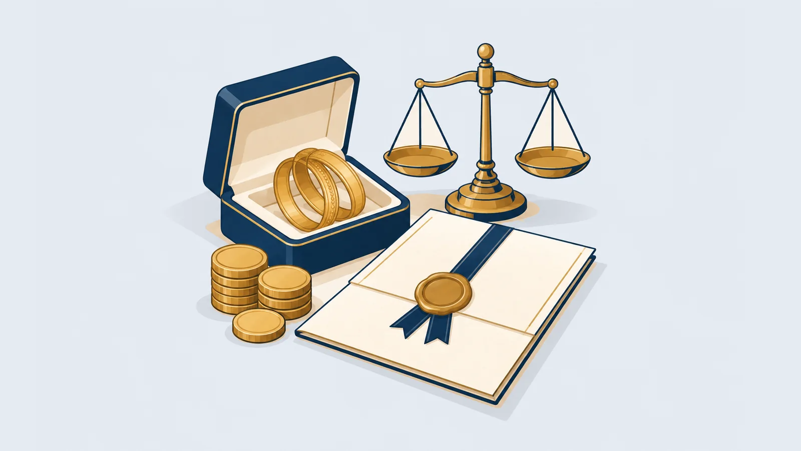 Gold bangles, plain gold coins and a sealed document beside a balance scale, illustrating denmohor (dower) and maintenance in Bangladesh