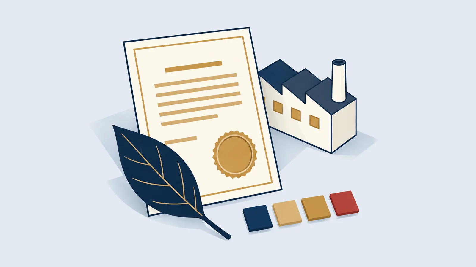Certificate with a leaf, four colour chips and a factory outline, for the environmental clearance certificate in Bangladesh