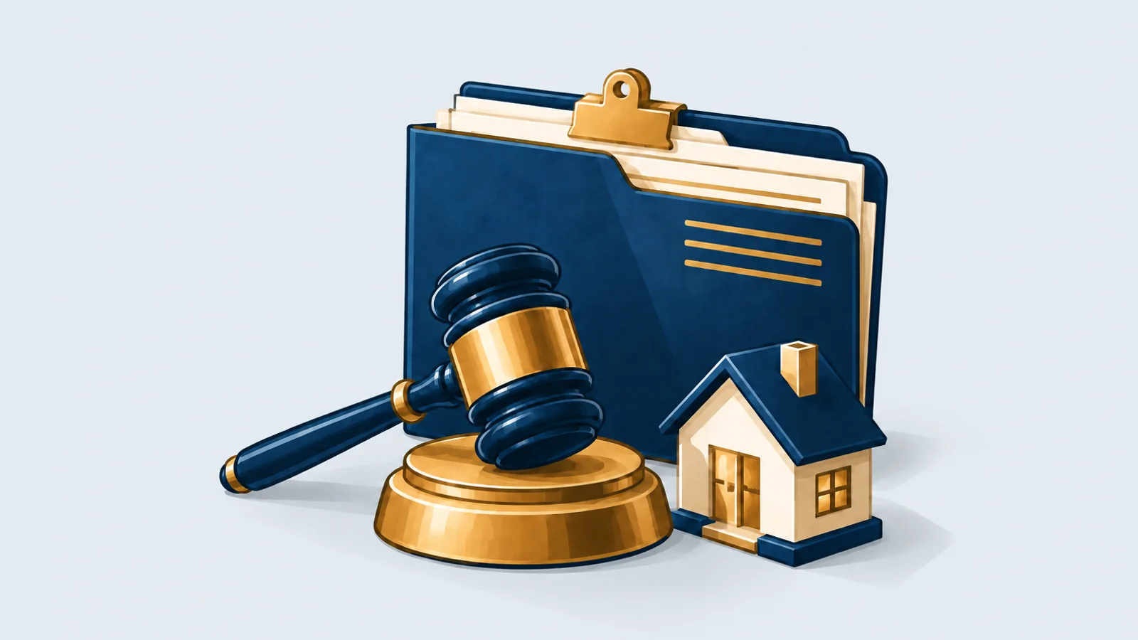 Judge's gavel, a case file and a small toy house, illustrating the Family Courts Act 2023 in Bangladesh
