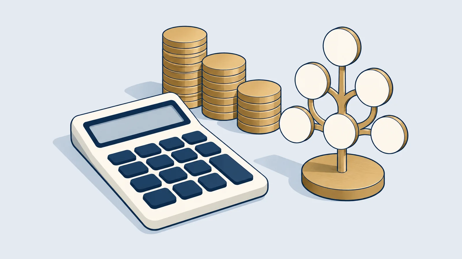 Calculator, stacks of coins and a family-tree stand, for a Muslim inheritance (faraiz) calculator