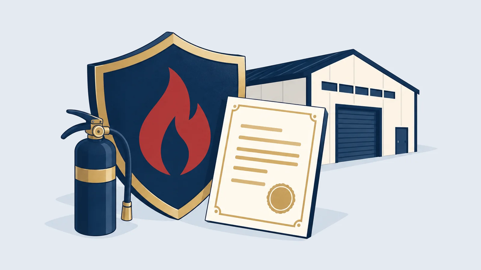 Shield with a flame, a licence card, an extinguisher and a warehouse outline, for the fire licence in Bangladesh