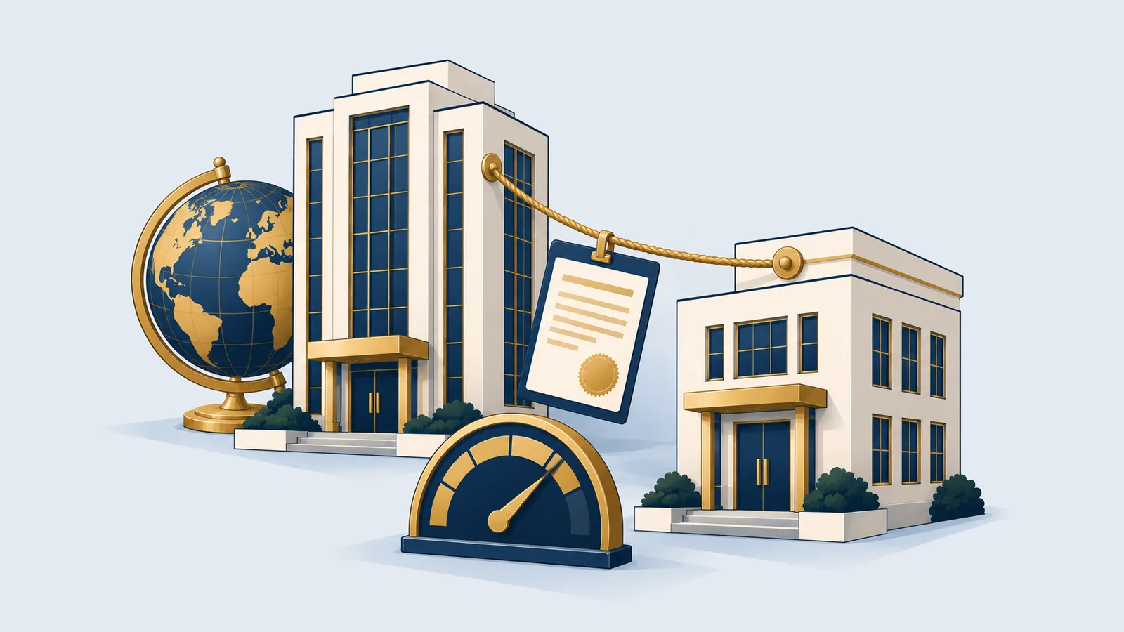 Parent and subsidiary buildings joined by a rope holding a loan document, for foreign and parent-company loans in Bangladesh