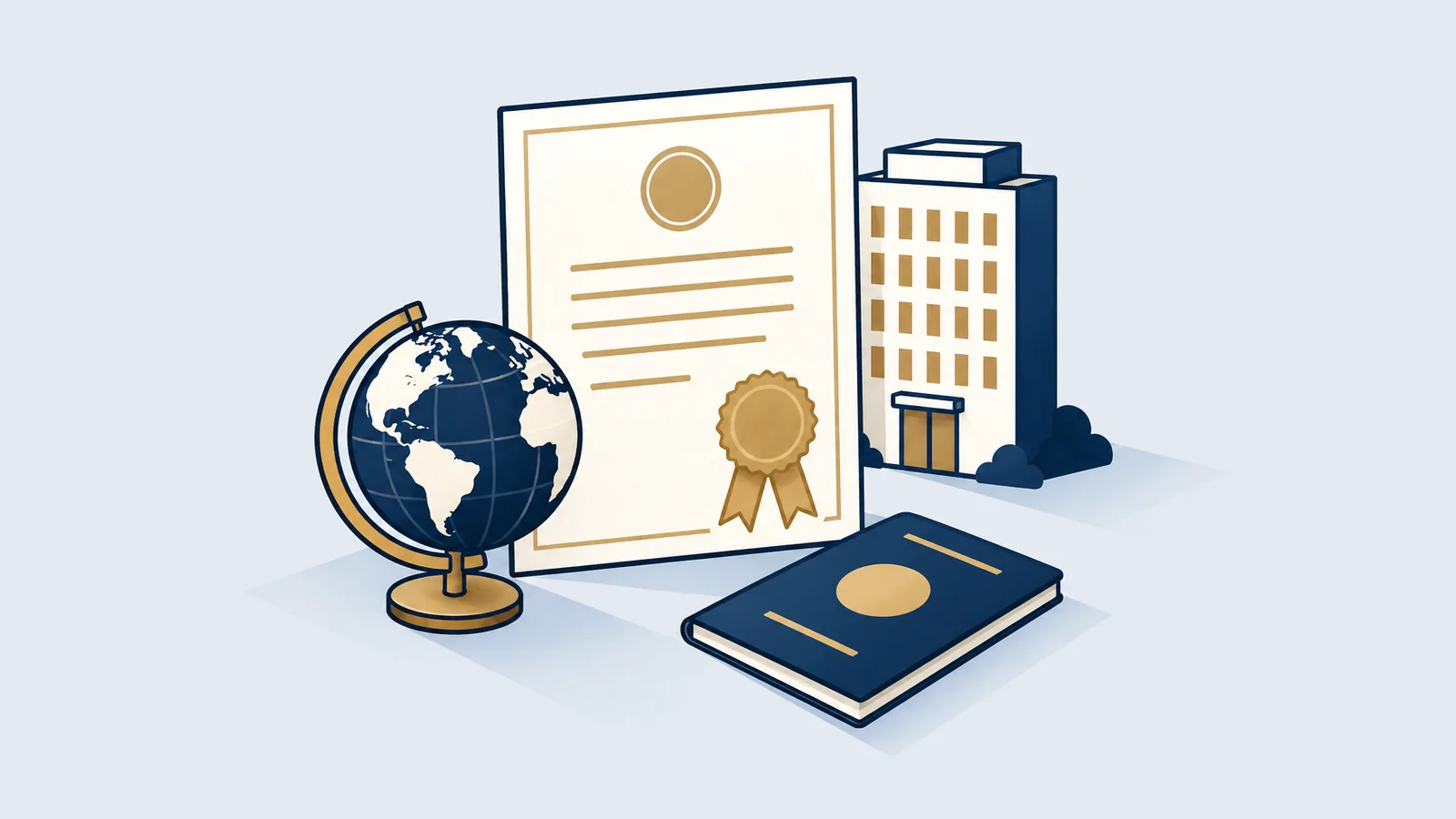 Incorporation certificate with a globe and office building, for foreign-owned company registration