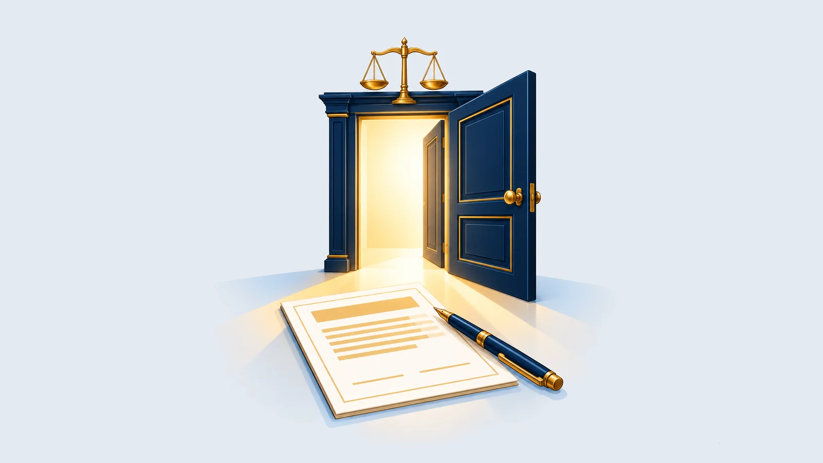 Illustration of an open door with light falling on an application form, for free government legal aid in Bangladesh