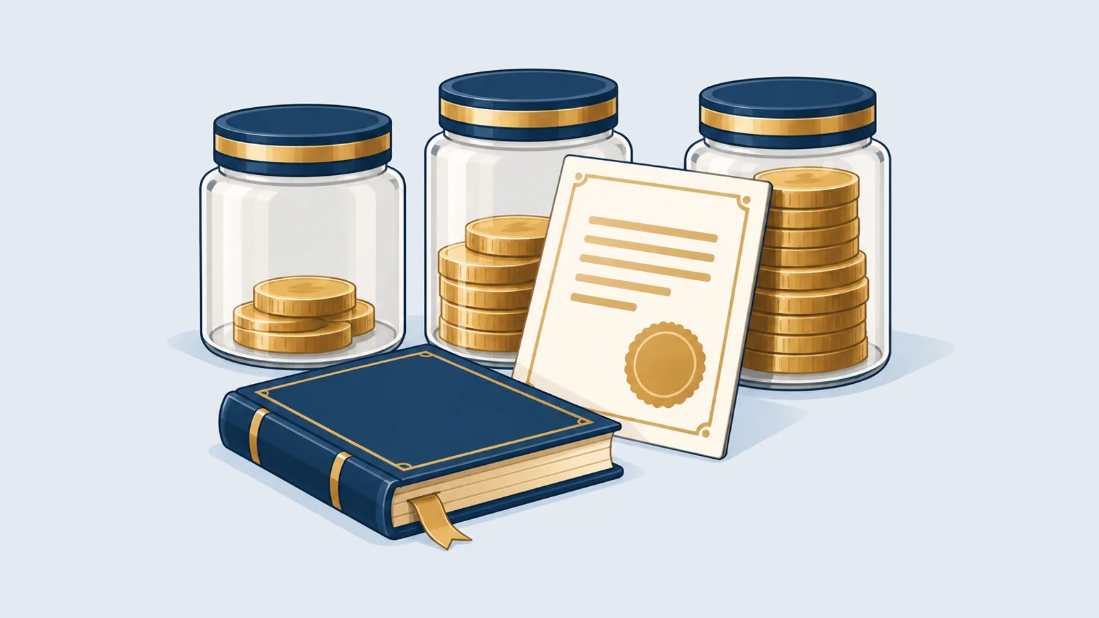 Three jars of coins with a ledger and a certificate, for gratuity, provident fund and WPPF in Bangladesh
