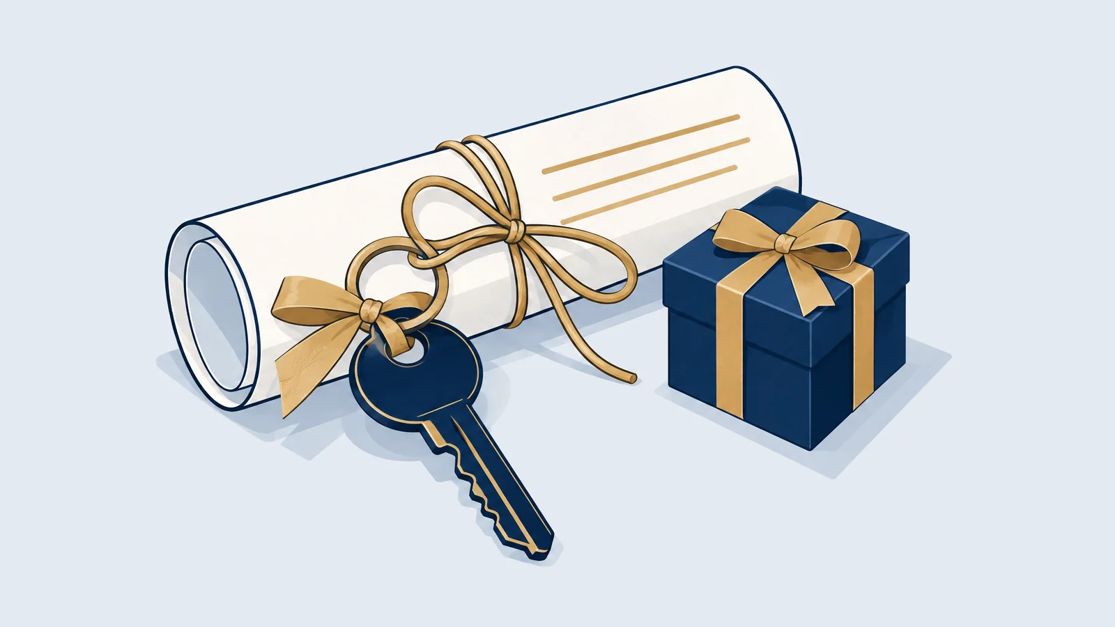 Illustration of a house key with a ribbon on a deed beside a gift box, for a heba (gift) deed in Bangladesh