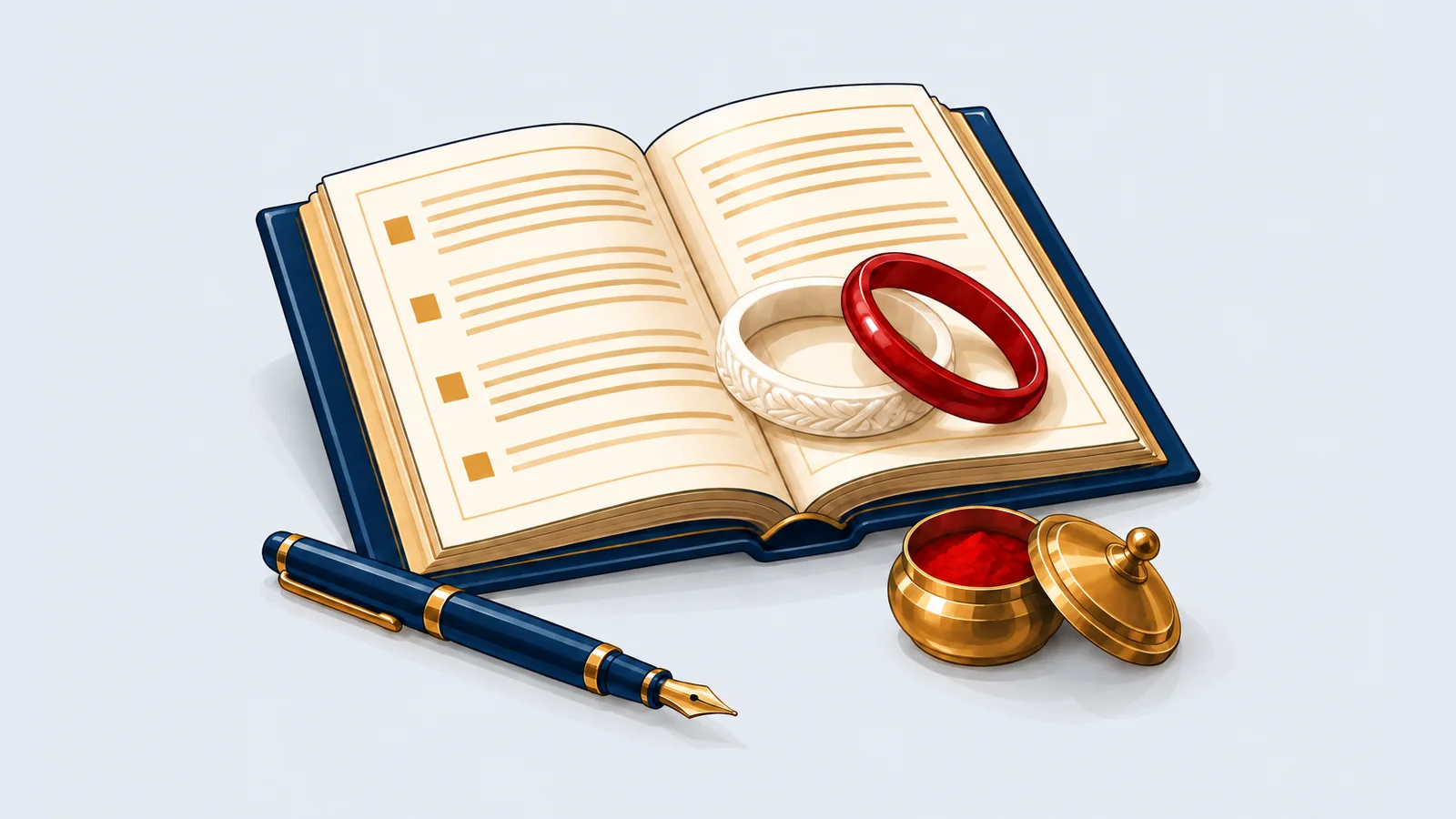 Registration book with shakha and pola bangles, a sindoor box and a pen, illustrating Hindu marriage registration in Bangladesh