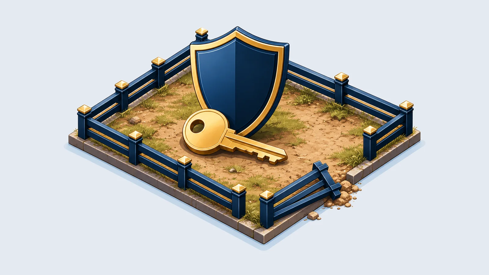Illustration of a fenced land plot with a shield and a key, for recovering illegally occupied land in Bangladesh