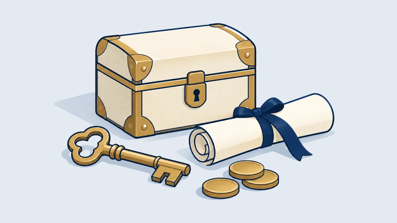 Wooden chest, old key, rolled will and coins, for inheritance and property division in Bangladesh