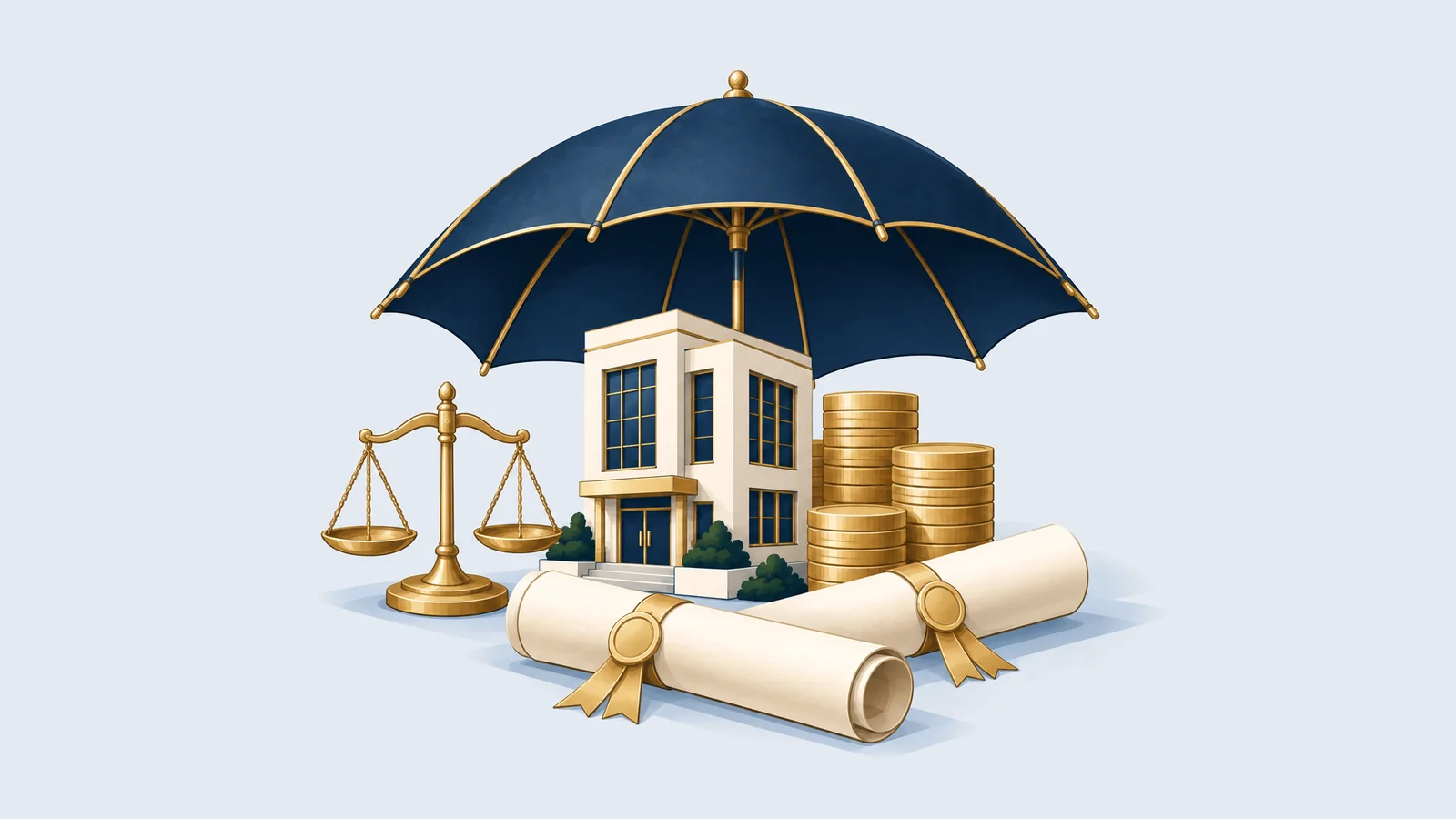 Umbrella sheltering a building and coins, with treaty scrolls and a scale, for investment protection treaties in Bangladesh