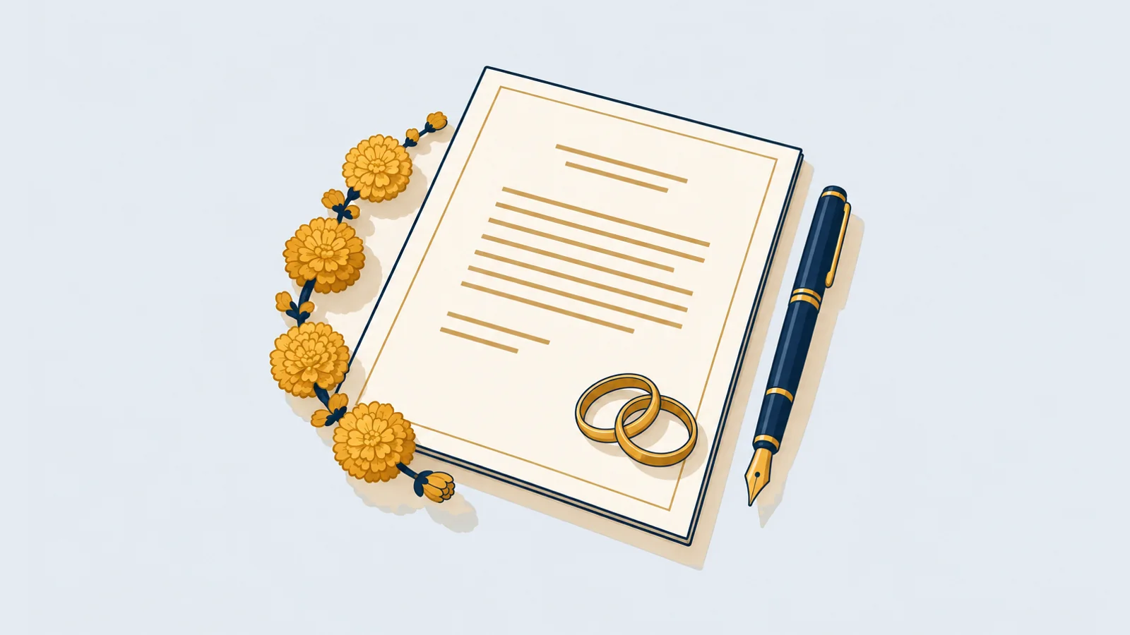Kabin nama (Muslim marriage contract) with wedding rings and a pen, illustrating how to read it and get a certified copy in Bangladesh