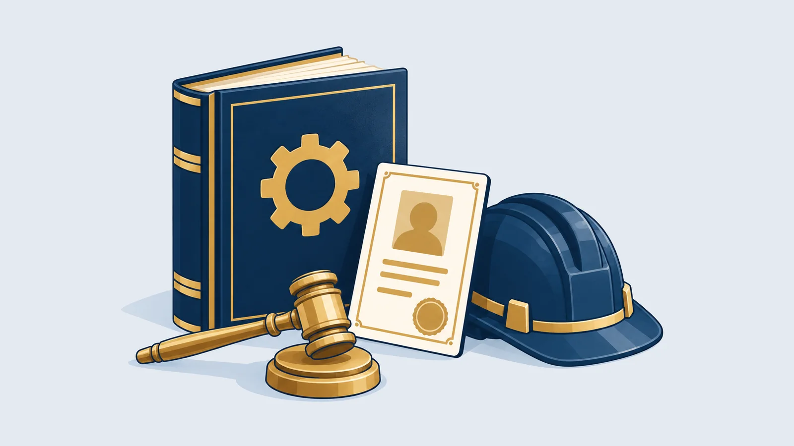 Law book with a gear emblem, a worker identity card, a gavel and a hard hat, for the Labour Act 2006 employer guide in Bangladesh