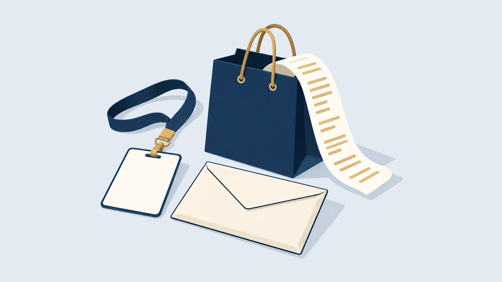 ID badge, pay envelope and shopping bag, for labour and consumer rights cases in Bangladesh