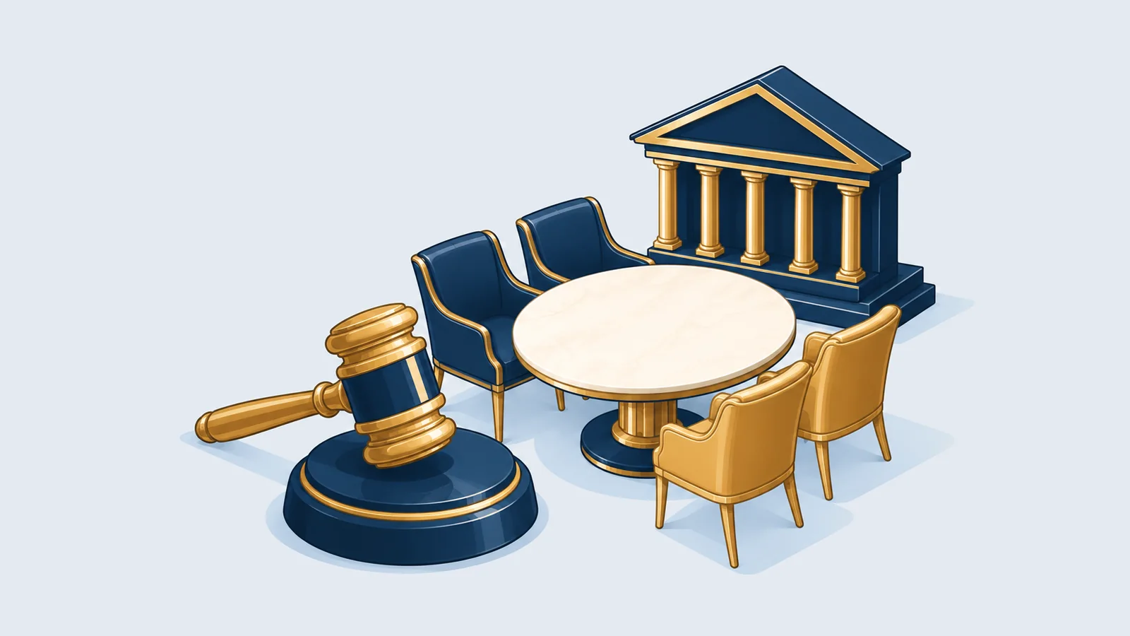 Gavel beside a round table with facing chairs and a courthouse outline, for Labour Courts, trade unions and committees in Bangladesh