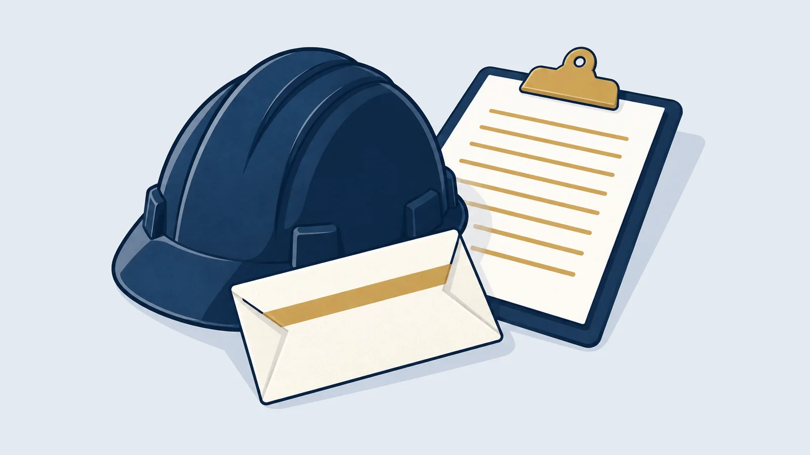 Safety helmet, timesheet clipboard and pay envelope, for labour law rights of employees in Bangladesh