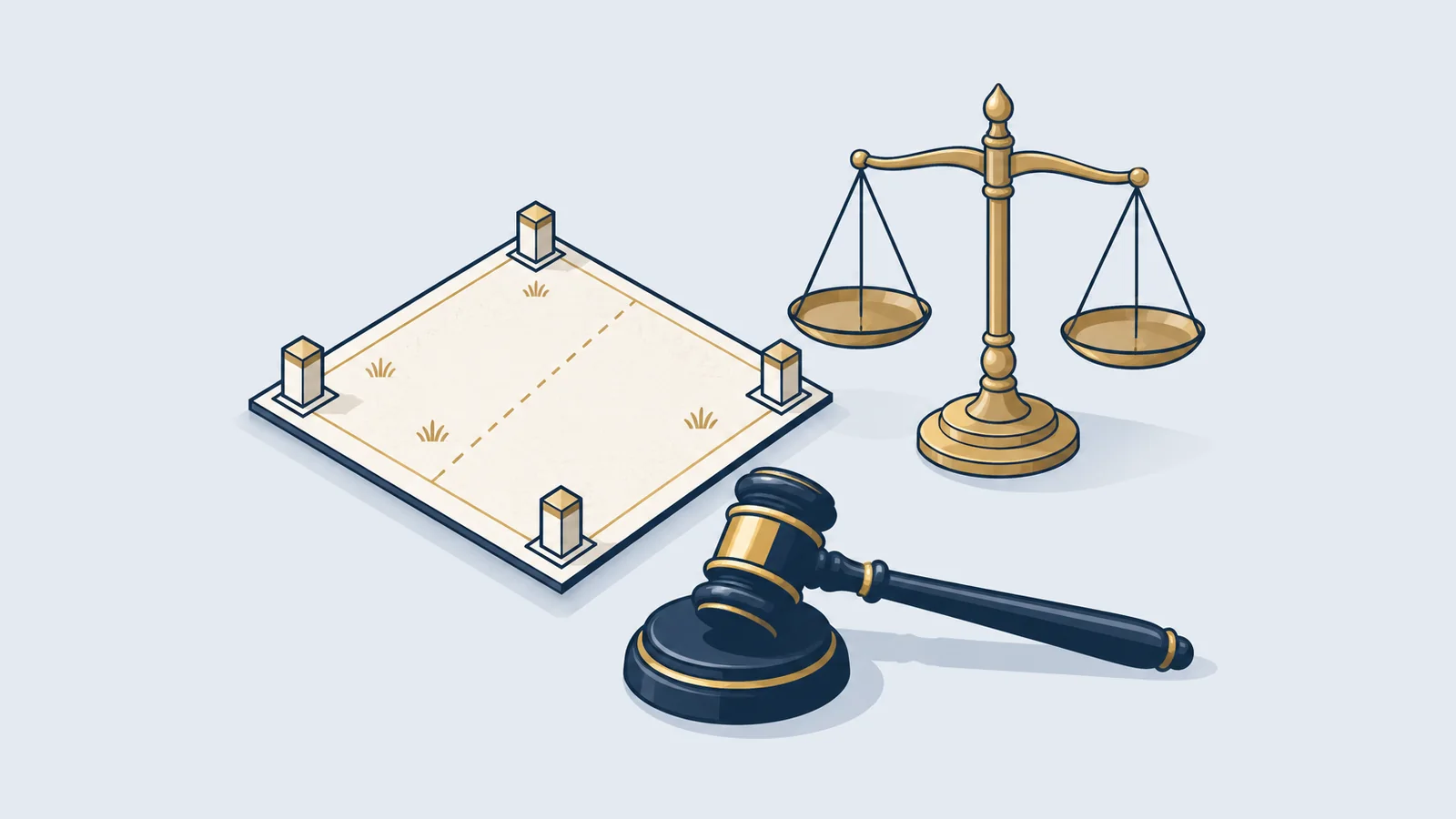 Land plot with a boundary line, a balance scale and a gavel, for land and housing disputes in Bangladesh